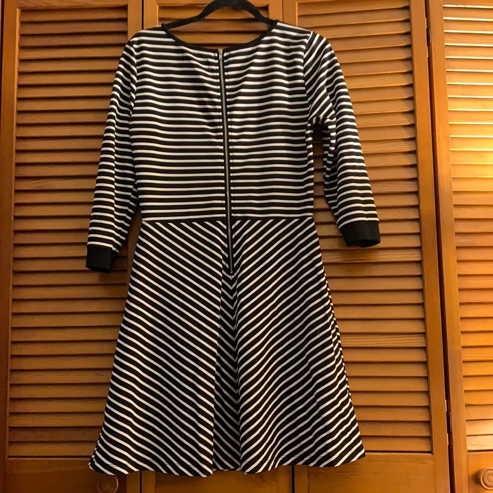 aline black and white striped 3/4 sleeve dress